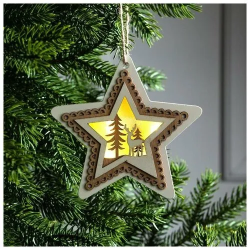Елочная игрушка ЗВЕЗДА С ОЛЕНЕМ 13х11см подсветка AG10 дерево