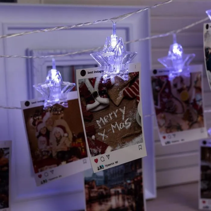 Гирлянда нить ПРИЩЕПКИ ЗВЁЗДЫ 4,5м  20 LED свечение белое 220В